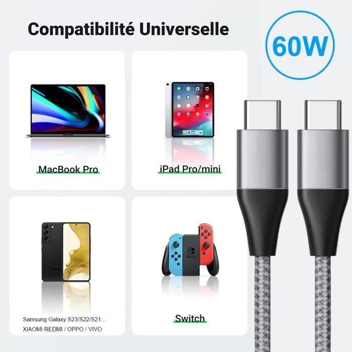 2x Câble USB-C vers USB-C Charge Rapide 3A pour Samsung S25 S24 S22 S23 Ultra S22 Plus S21 S21 Ultra S20 FE - Nylon Renforcé Gris 1M