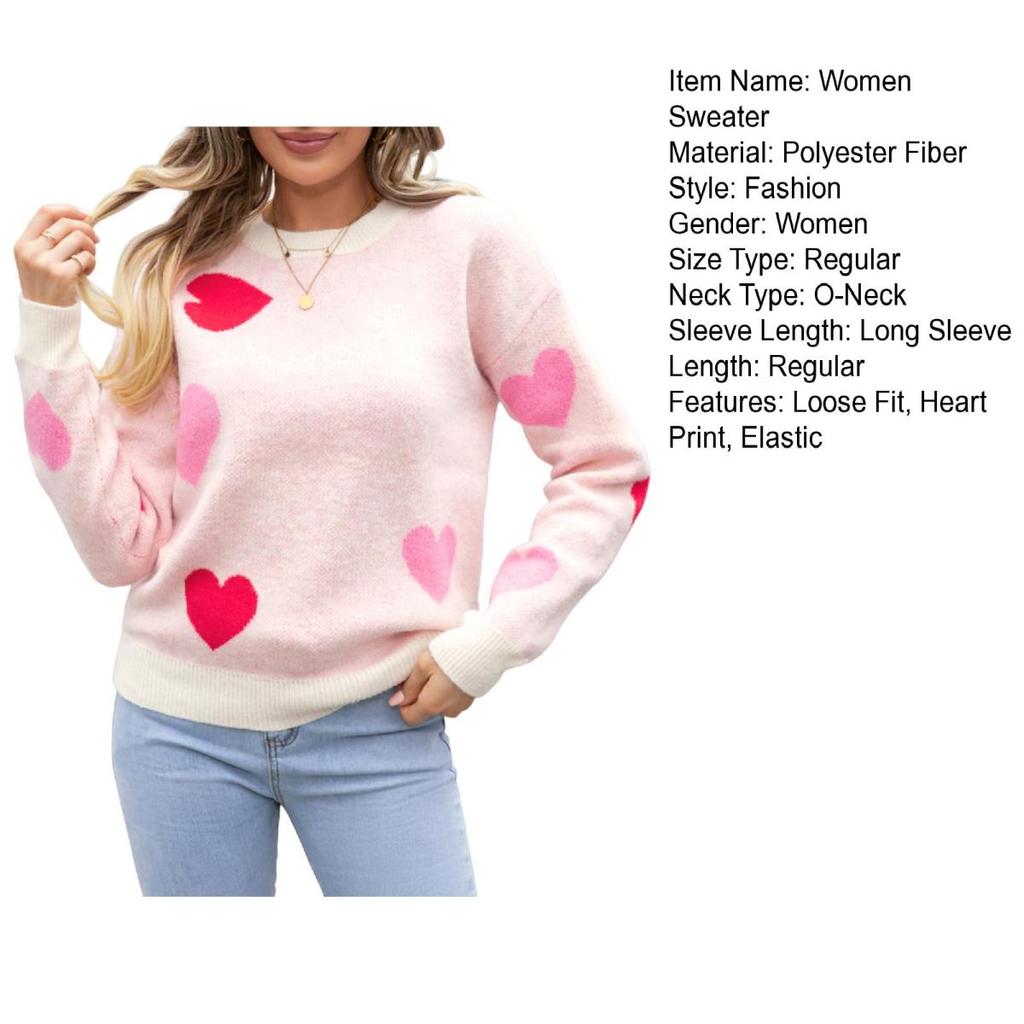 Yousheng Женский вязаный свитер с круглым вырезом и длинным рукавом в форме сердца, свободный крой, эластичный трикотаж, топы на День святого Валентина