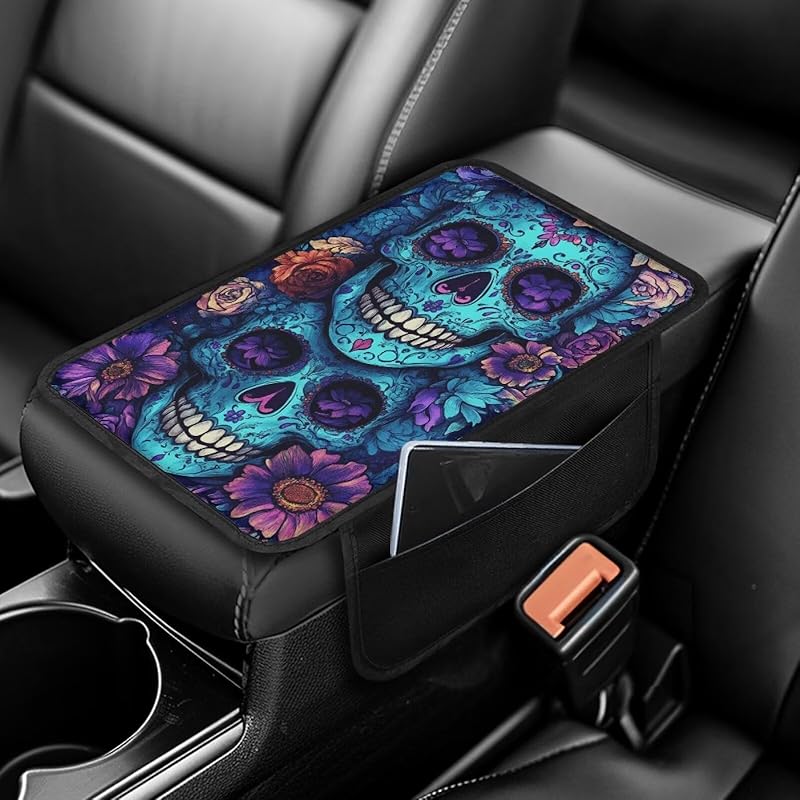 Чехол на центральную консоль автомобиля с принтом черепа, нескользящий чехол на подлокотник для автомобиля, универсальные защитные чехлы для подлокотников, подходят для автомобилей, внедорожников, декоративные чехлы для автомобилей