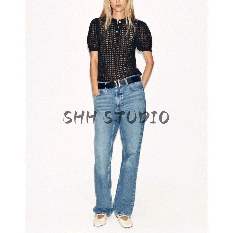 Autumn New Women's Clothing Minimalist Wave Bottom Cut Out Knitting Polo Shirt Collar Short Sleeve Tops 6236105