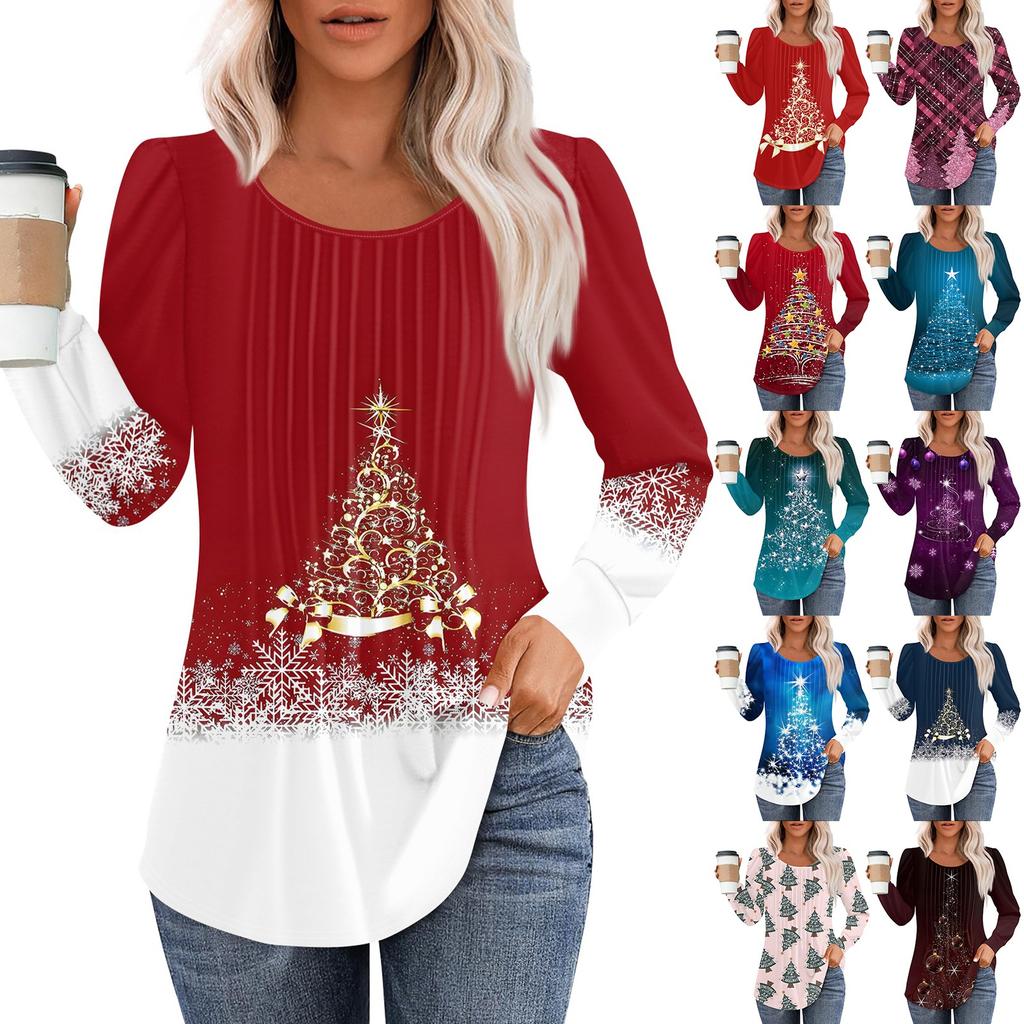 Рубашки с длинным рукавом для женщин, топы, нарядные повседневные блузки с рождественским принтом, плиссированные туники с круглым вырезом