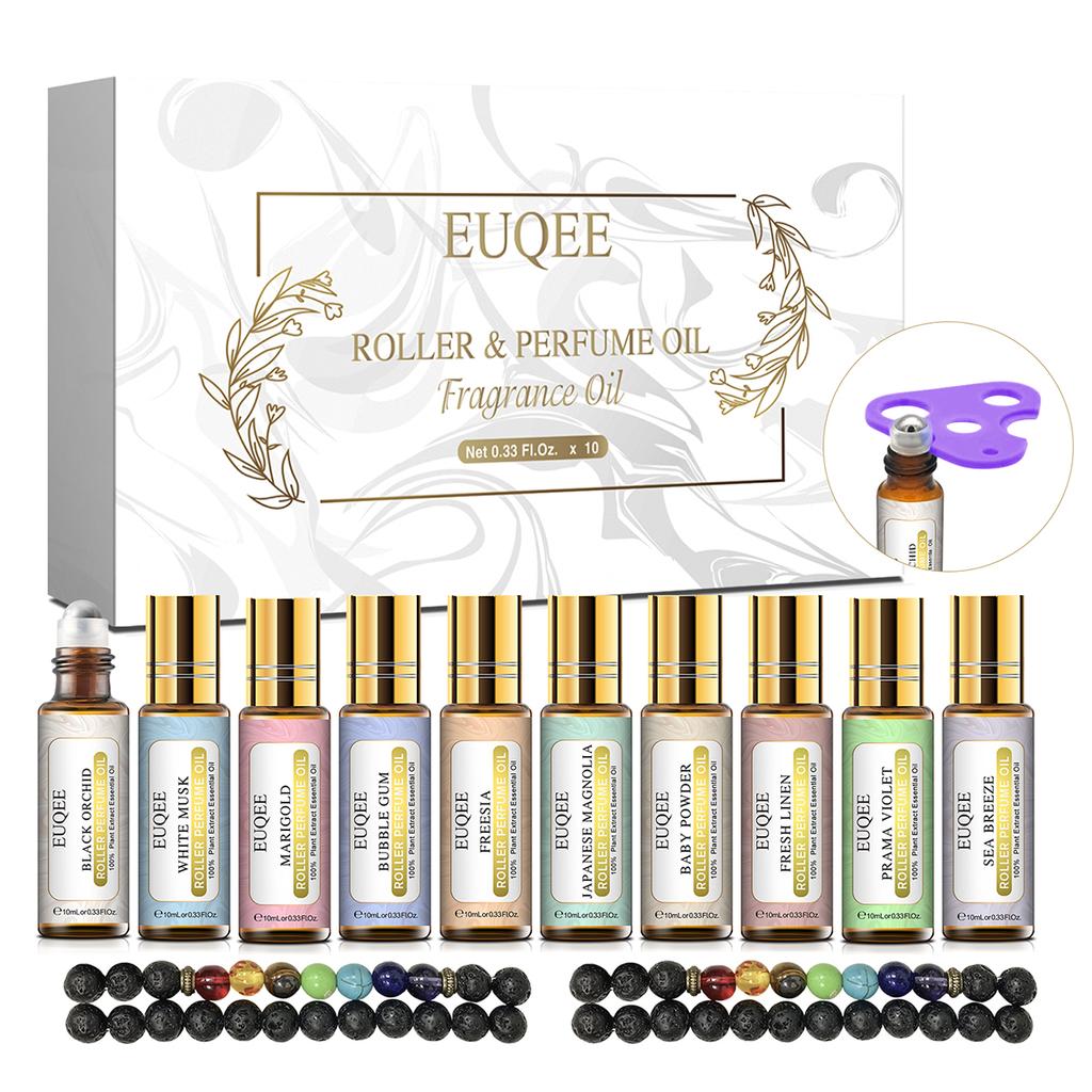 10Pcs EUQEE Roller Fragrance Oil Kit for Humidifier Massage Air Purifier DIY Perfume Roller Perfume Oil Gift Set with Diffuser Bracelet