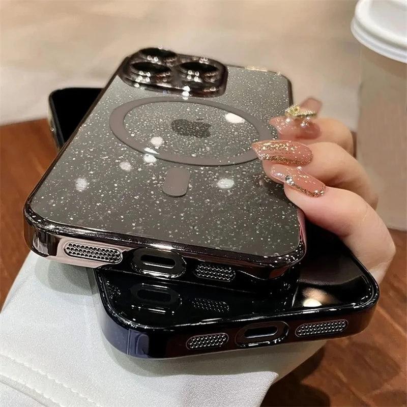Роскошное покрытие для Magsafe, магнитный чехол с беспроводной зарядкой для iPhone 15 14 Plus 13 12 Pro Max 11, прозрачный блестящий жесткий тонкий чехол из ПК
