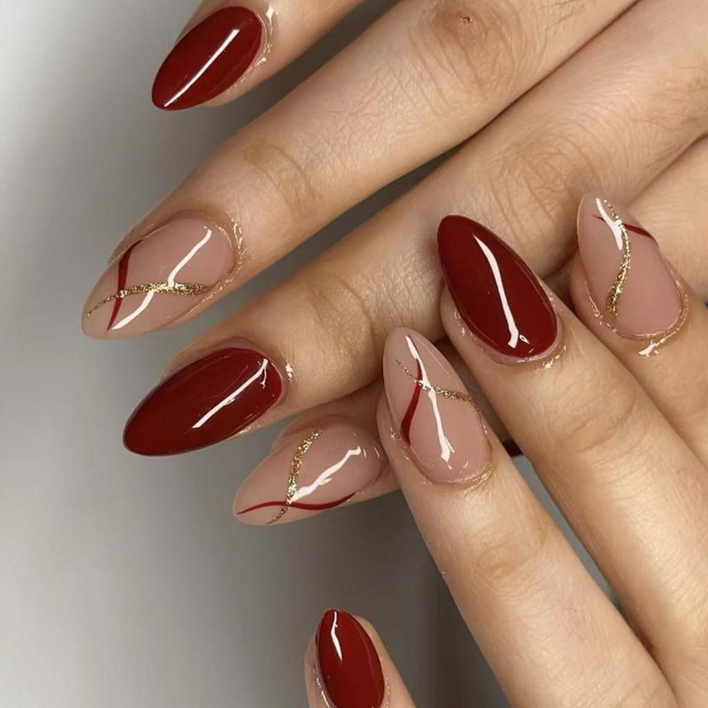 Короткие миндальные накладные ногти с глянцевым покрытием для новогоднего французского акрилового маникюра для женщин и девочек 24 шт.