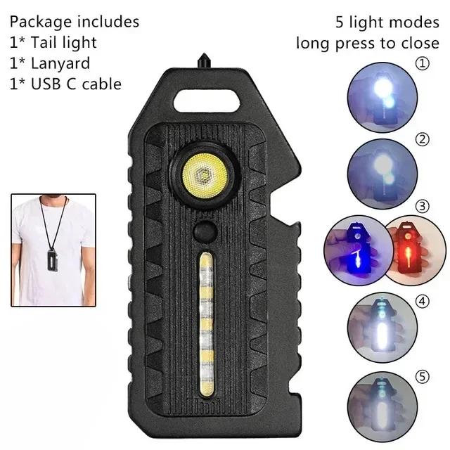 Mini Keychain Flashlight Rechargeable Camping Lamp Safety Warning Light Magnetic Repair Light Outdoor Work Light Emergency Lamp