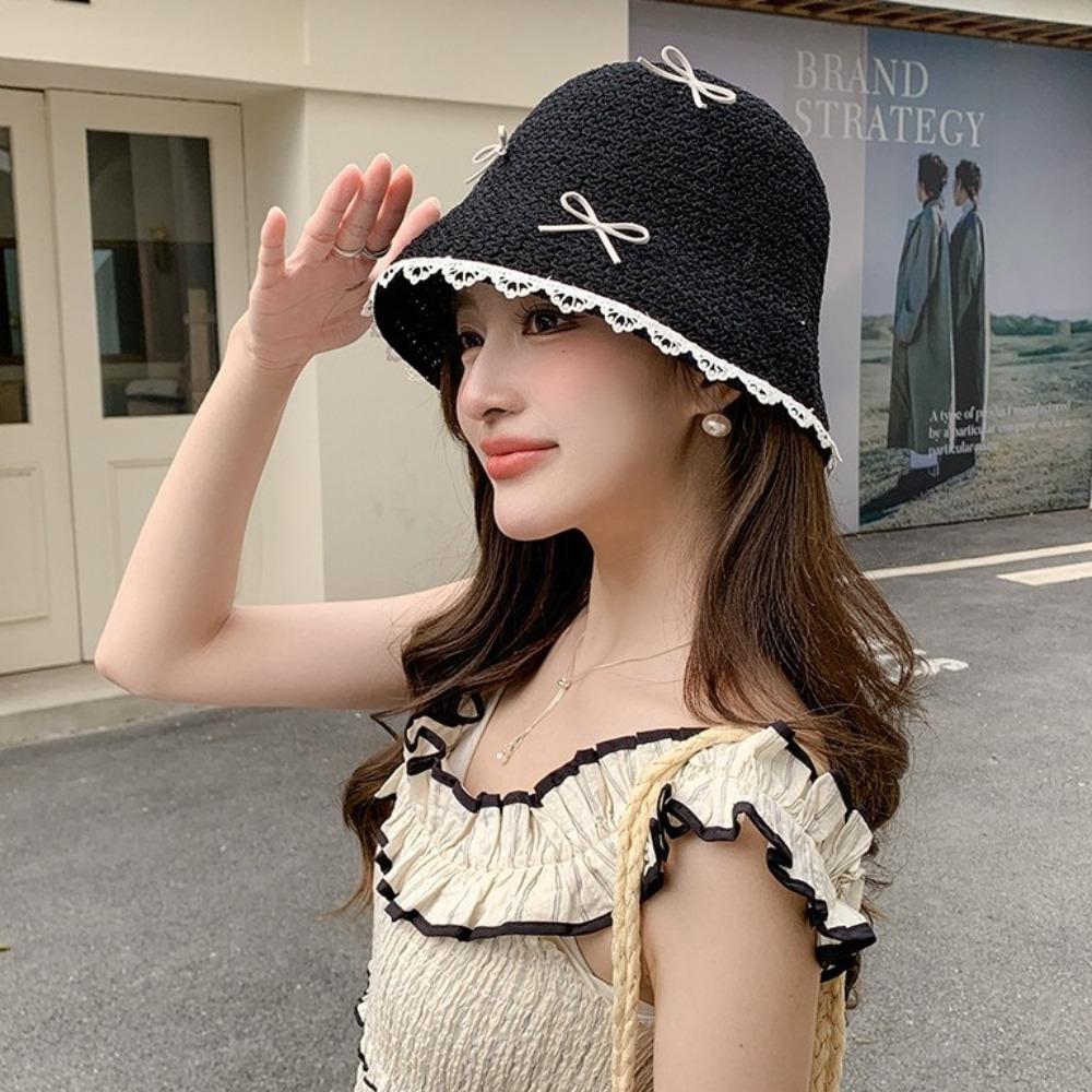 Lace Bow Straw Hat Sun Protection Women's Sun Hat Fashion Sunscreen Fisherman Hat Women