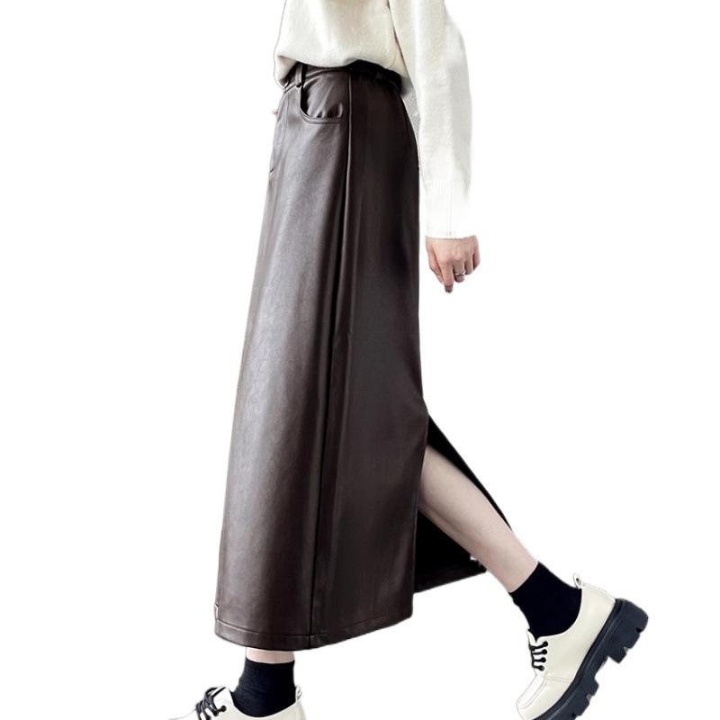 Юбка из спилка, юбка женская осенняя, грушевидная, облегающая, из искусственной кожи, длинная, с запахом на бедрах, прямая юбка с высокой талией