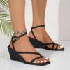 Sexy Black Cross Strap Clip Toe Sandals Women Square Toe Wedge Heels Sandals 2025 Summer Casual Party Dress Shoes Full Code