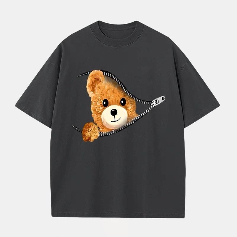 ZAZOMDE Casual Daily Creative Zipper Bear Art Print T Shirts Unisex Crew Neck Short Sleeve Soft Cotton Oversized Street Tees