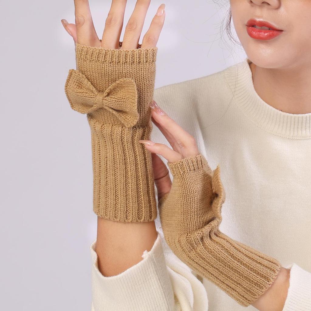 New Autumn and Winter Women's Bow Cute Fashion Gloves Knitted Warm Half Finger Fingerless Gloves
