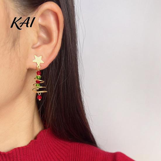 Durable Zinc Alloy Earrings 1 Pair Christmas Dangle for Women, Glitter Star Spiral Faux Tree Crystal Beads Shaped Earrings, Sparkly Festival