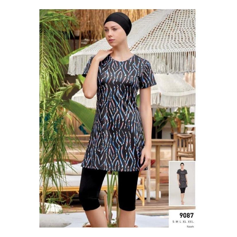 Летний цветочный купальный костюм 2025 с принтом - Комплект: туника с коротким рукавом и укороченные леггинсы - Мусульманский купальник - Пляжная одежда с защитой от УФ-лучей - Летний буркини