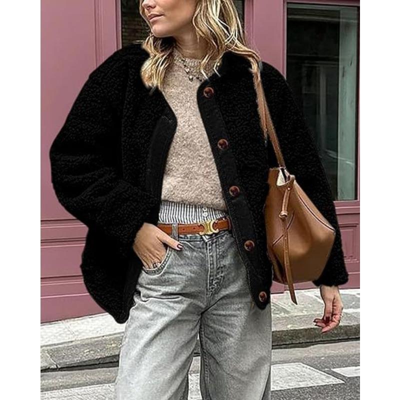 Женская теплая куртка осень-зима без воротника повседневная куртка с длинным рукавом на пуговицах флисовая куртка