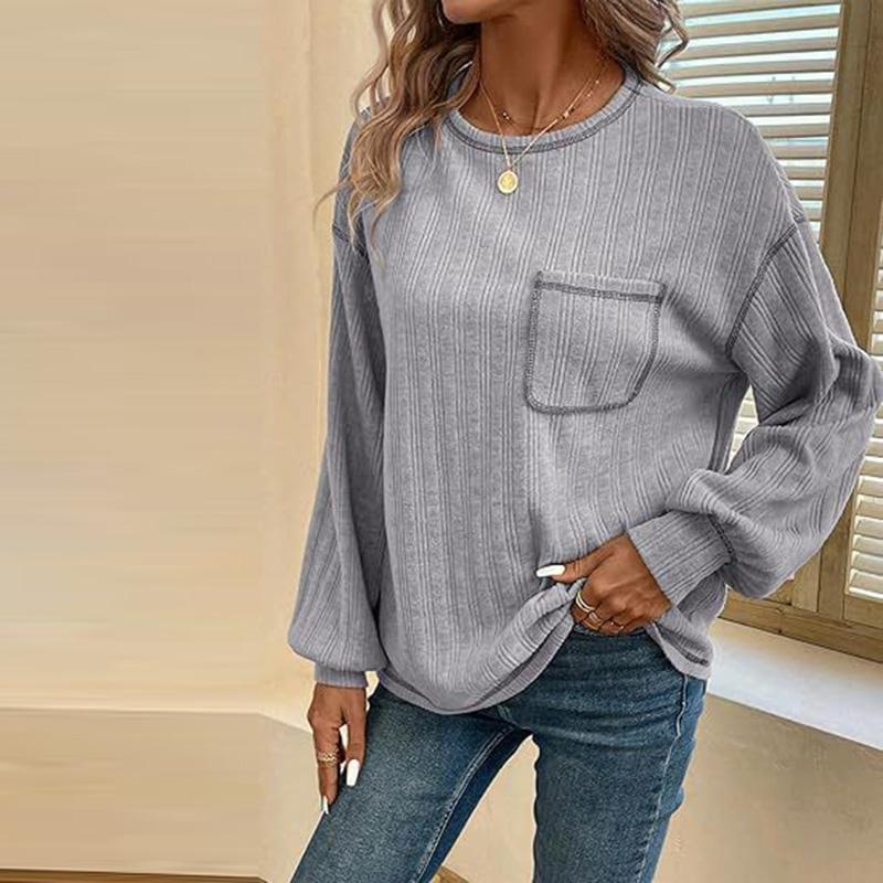 Круглый вырез Темперамент однотонный трикотажный пуловер женская футболка с длинными рукавами свободный повседневный топ осенняя нижняя рубашка