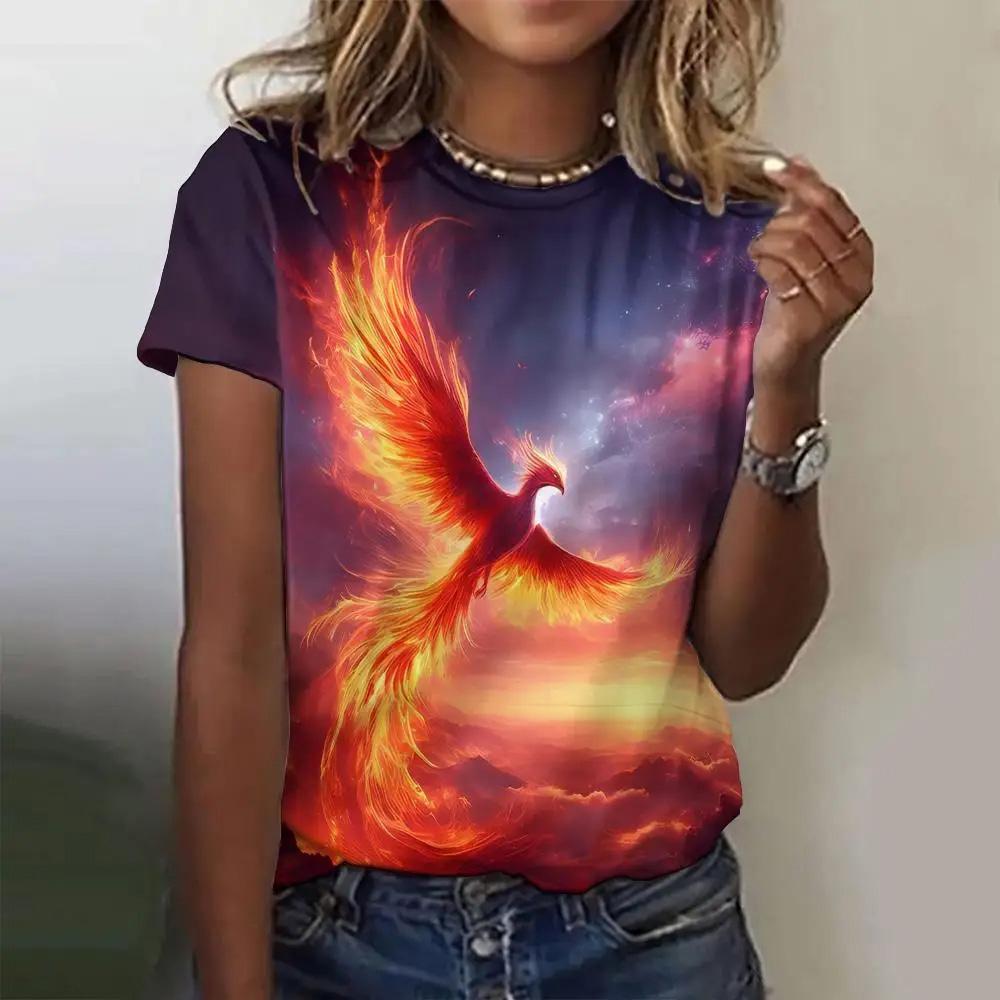 Летняя женская футболка с модным узором «Феникс», топ с короткими рукавами, свободный топ с круглым вырезом, женская футболка для вечеринок