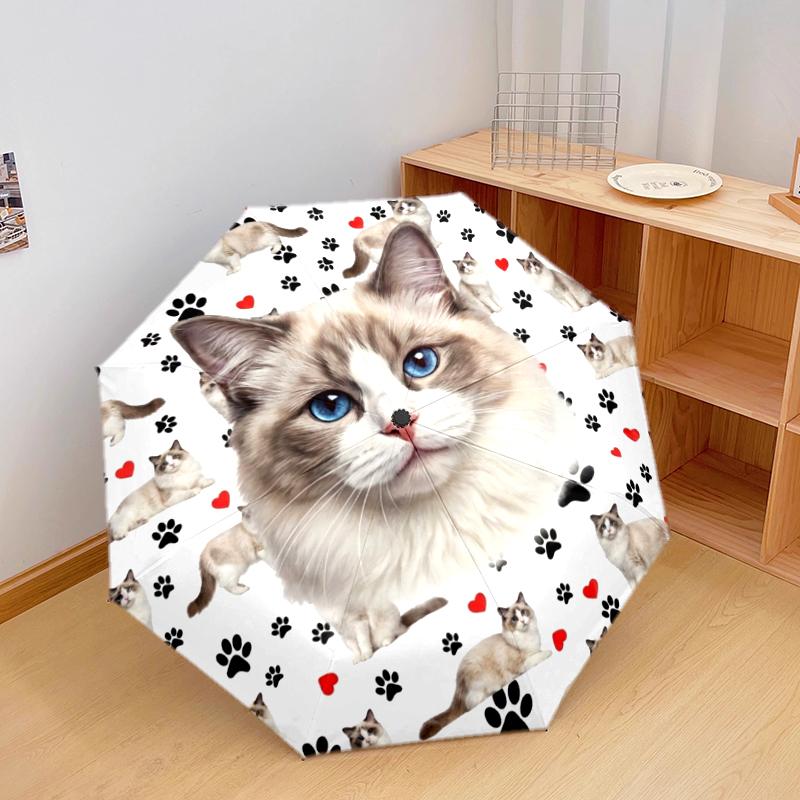 1 шт. Автоматический складной зонт - Узор с милыми кошками и кроликами, Портативный и складной дизайн с 8 спицами, Рождественские и новогодние подарки