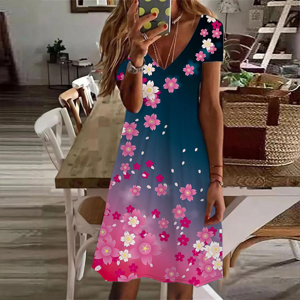 Summer Fashion Women's V Neck Short Sleeve Flower Printed Dress Sex Short Skirt Dresses