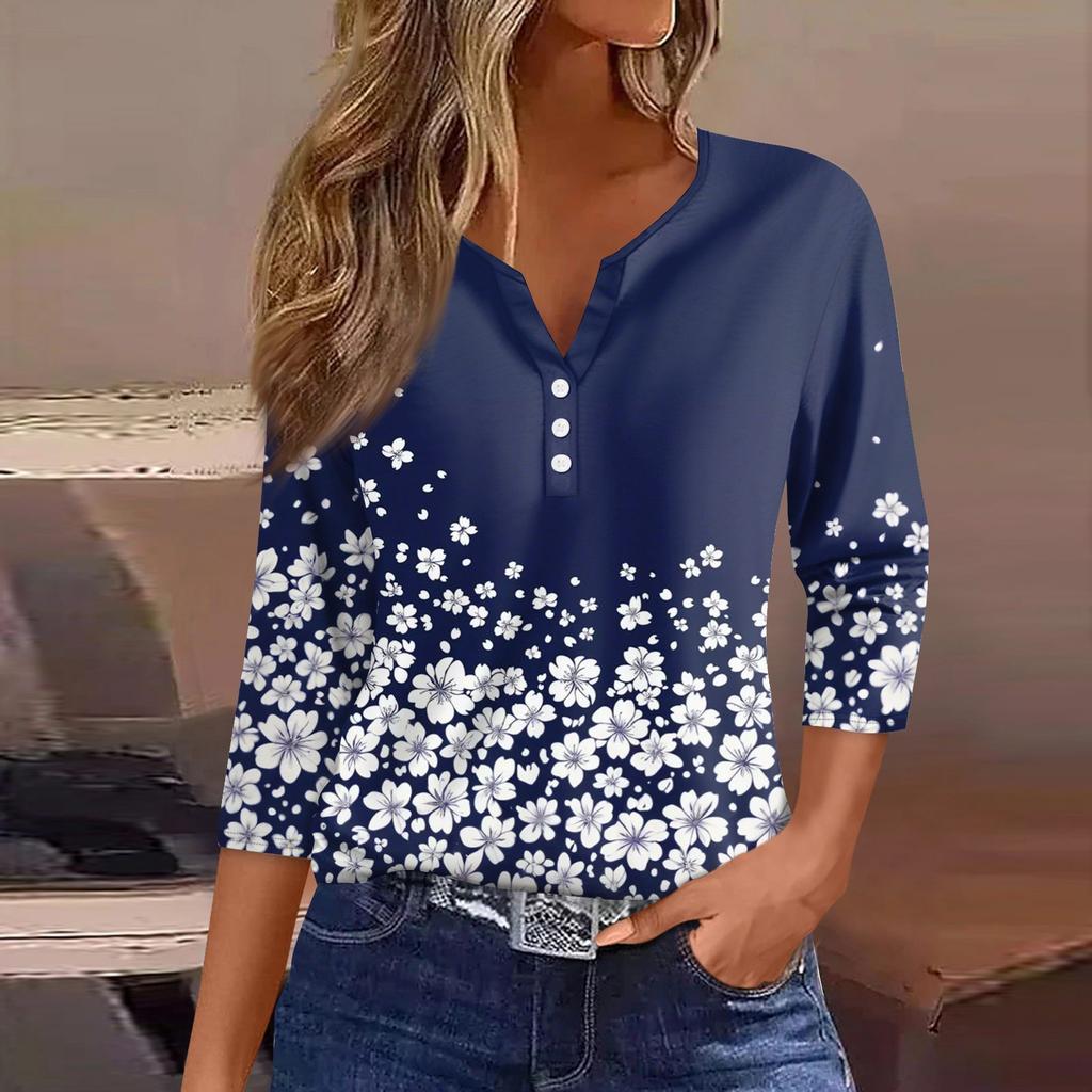 Жен. Футболка С принтом Пуговицы Рукав 3/4 Повседневные Выходные Мода Классический Классический V-образный вырез Обычный Верх