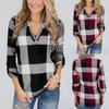 Womens Roll Up Long Sleeve V Neck Button Plaid Lattice Shirt Print Blouse Tops
