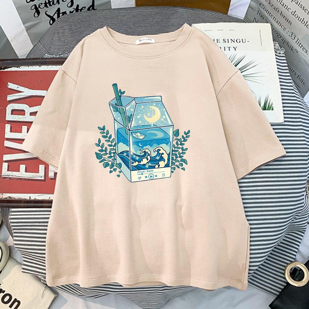 Молочная коробка, футболки с принтами лунного света и волн, женская модная футболка большого размера, ретро футболка с круглым вырезом, уличная одежда, женская футболка большого размера