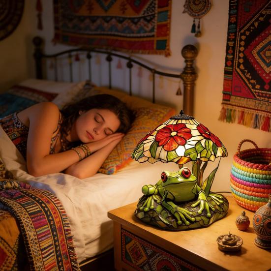 Настольная лампа Yousheng Лягушка и цветок Ручная работа Декор из смолы с теплым свечением Декоративный ночник для спальни гостиной Милый декор для дома на тему животных