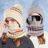 Женская шапка с длинным шарфом, закрывающая лицо, теплая вязаная термофлисовая зимняя лыжная шапка, лоскутная расцветка, декор плюшевым помпоном, головной убор для холодной погоды