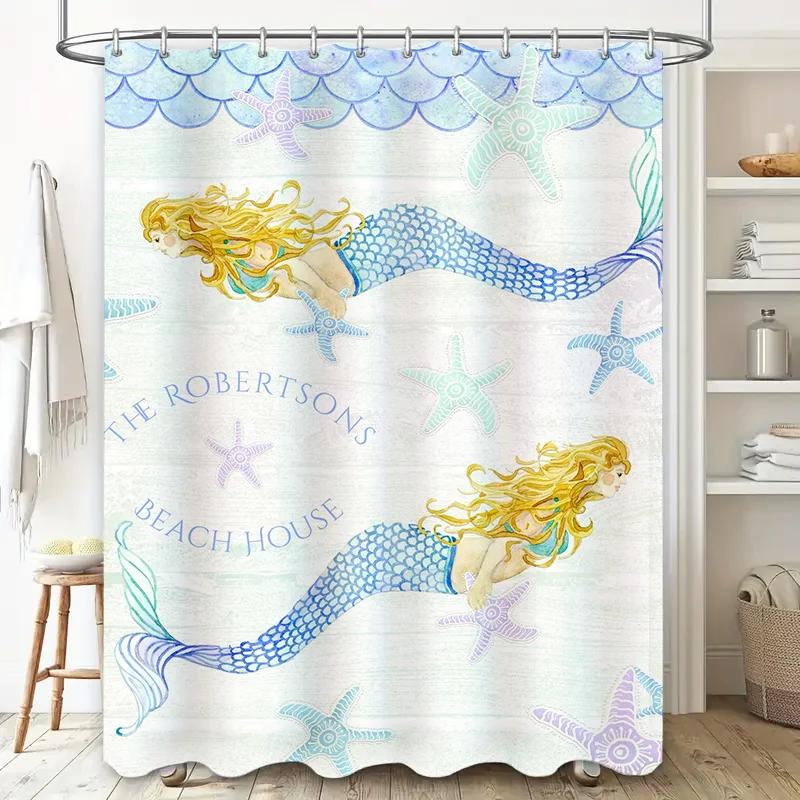 "Занавеска для душа Mermaid Beach House, Водонепроницаемая и устойчивая к плесени занавеска для ванны с океанской тематикой для прибрежного домашнего декора"