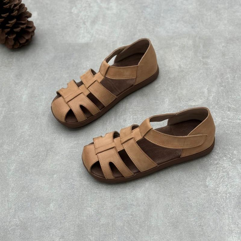 Johnature Сандалии на плоской подошве из натуральной кожи. Однотонная женская обувь ручной работы из тканой воловьей кожи в стиле ретро на мягкой подошве.