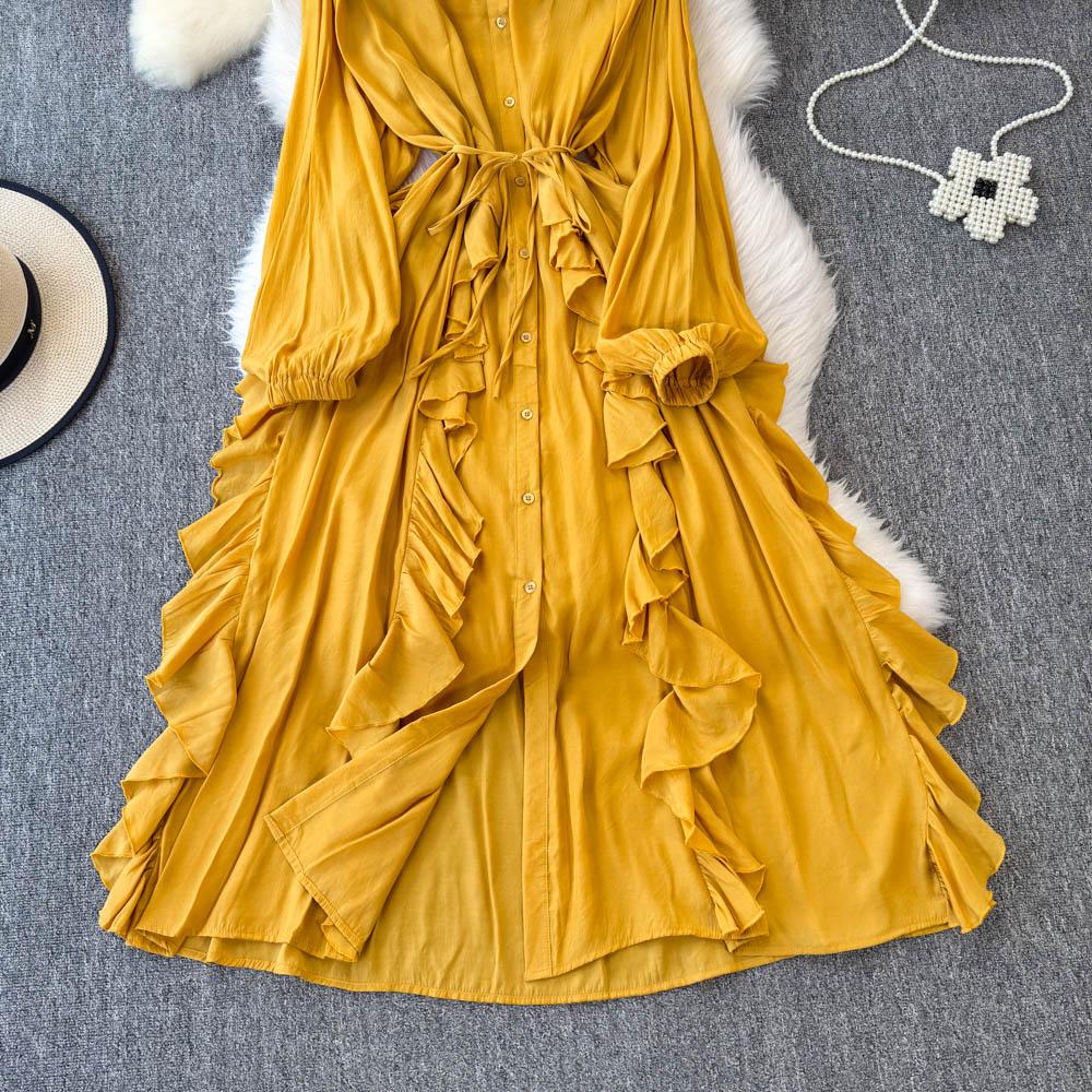 Нежный стиль, темперамент, рукава-фонарики, воротник-стойка, присборенная талия, А-силуэт, оборки по краю, шифоновое платье, элегантные большие свободные длинные платья