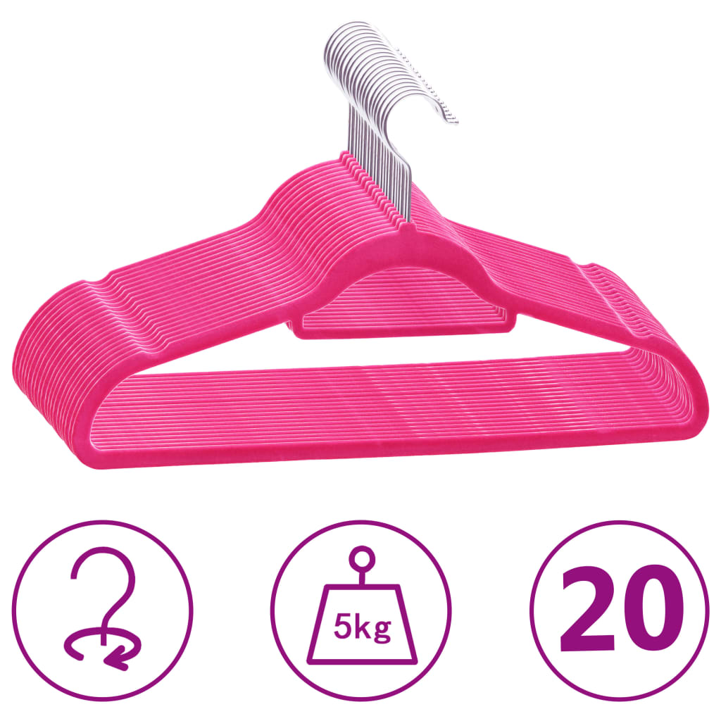 20 Piece Anti Slip Clothes Hanger Set Velvet Pink