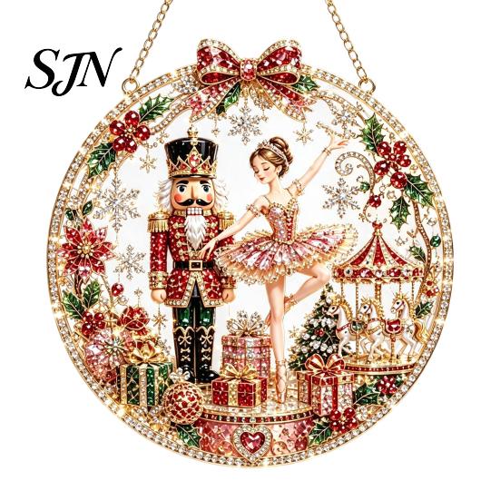 Festive Indoor Winter Ornament Christmas Faux Diamond Art Kit, Santa Angel Sun Catcher DIY Acrylic Sparkling Holiday Home Decor Round