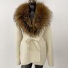 Womens Oversized Knit Cardigan With Real Fox Fur Collar Mid-Length Open Front Sweater Winter