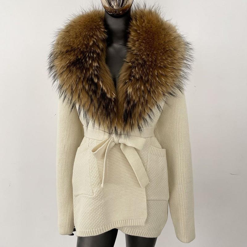 Womens Oversized Knit Cardigan With Real Fox Fur Collar Mid-Length Open Front Sweater Winter