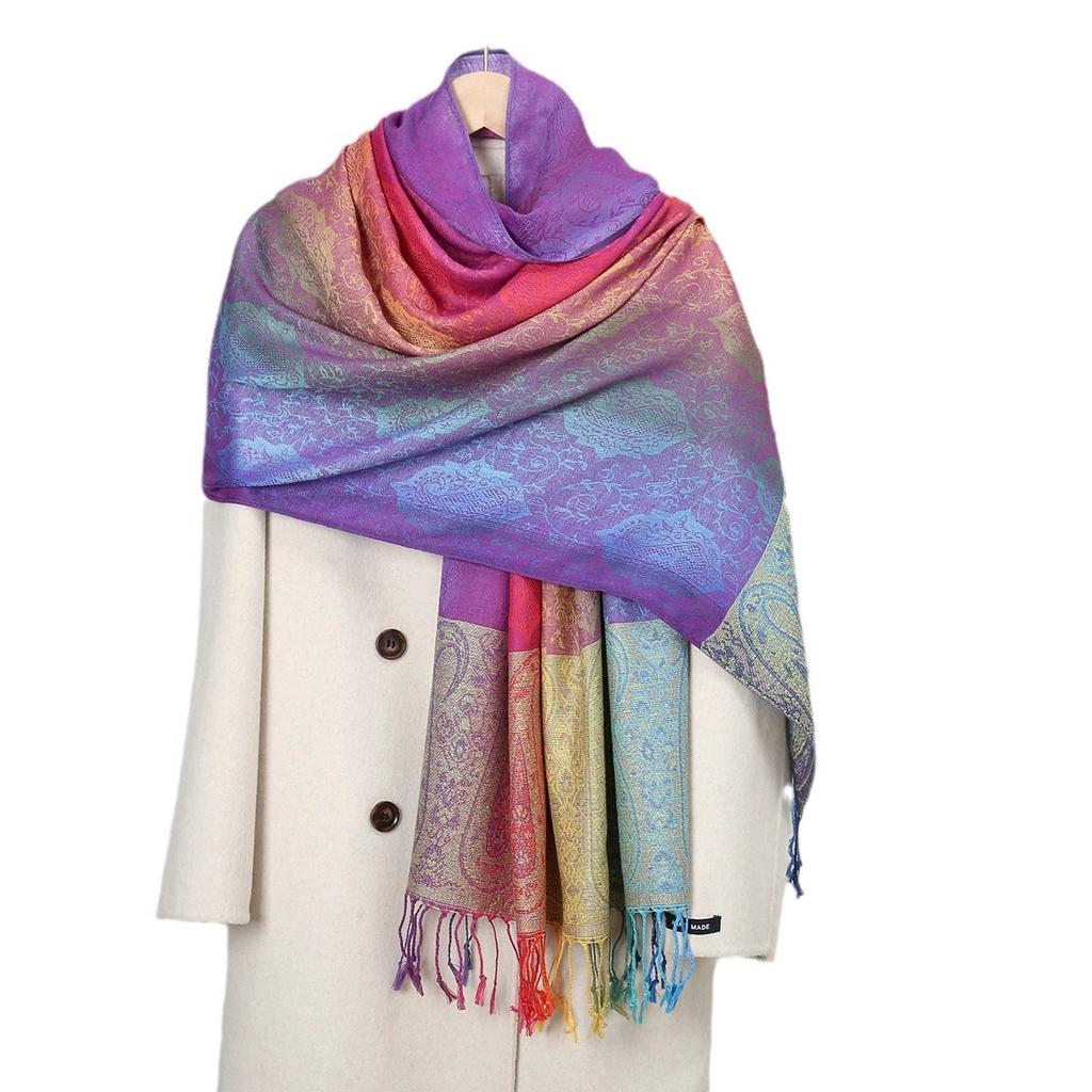 Popular Colorful Cashew Tassel Shawl for Women Ethnic Style Gradient Embroidery Scarf