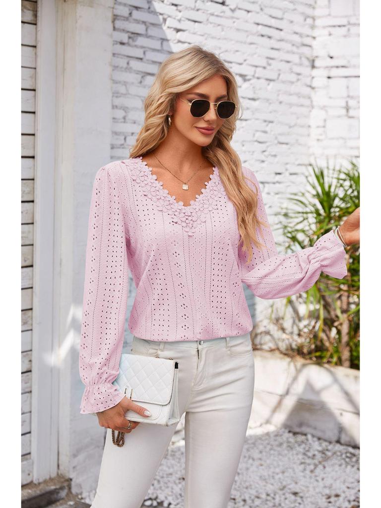 2024 Women's Solid Color V-Neck Long Sleeve Casual Loose T-Shirt