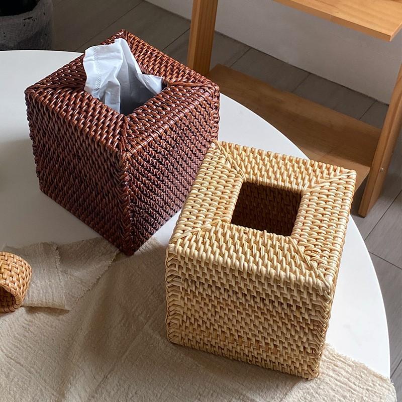 Nordic Style Woven Rattan Tissue Box Holder Square Rectangular Living Room Dining Table Decorative Storage