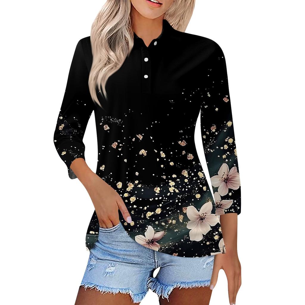 Женская модная повседневная рубашка с короткими рукавами 3/4 с лацканами и принтом, женские топы на пуговицах
