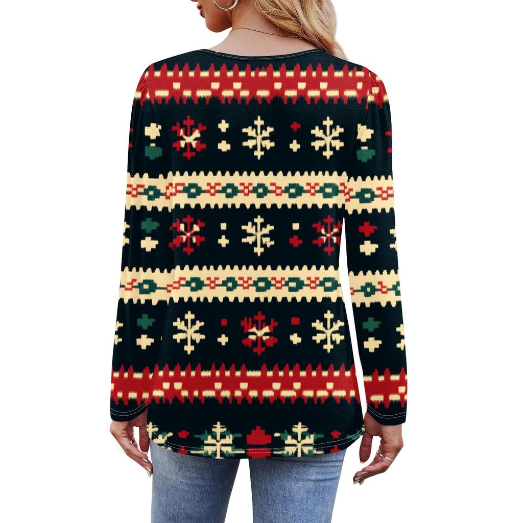 Женская футболка с круглым вырезом и длинными рукавами с принтом рождественской елки и снежинки