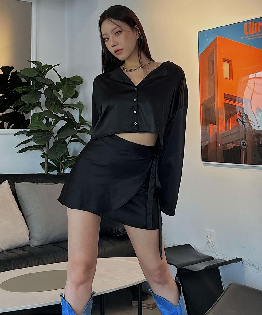 Black Crush Satin Mini Wrap Skirt
