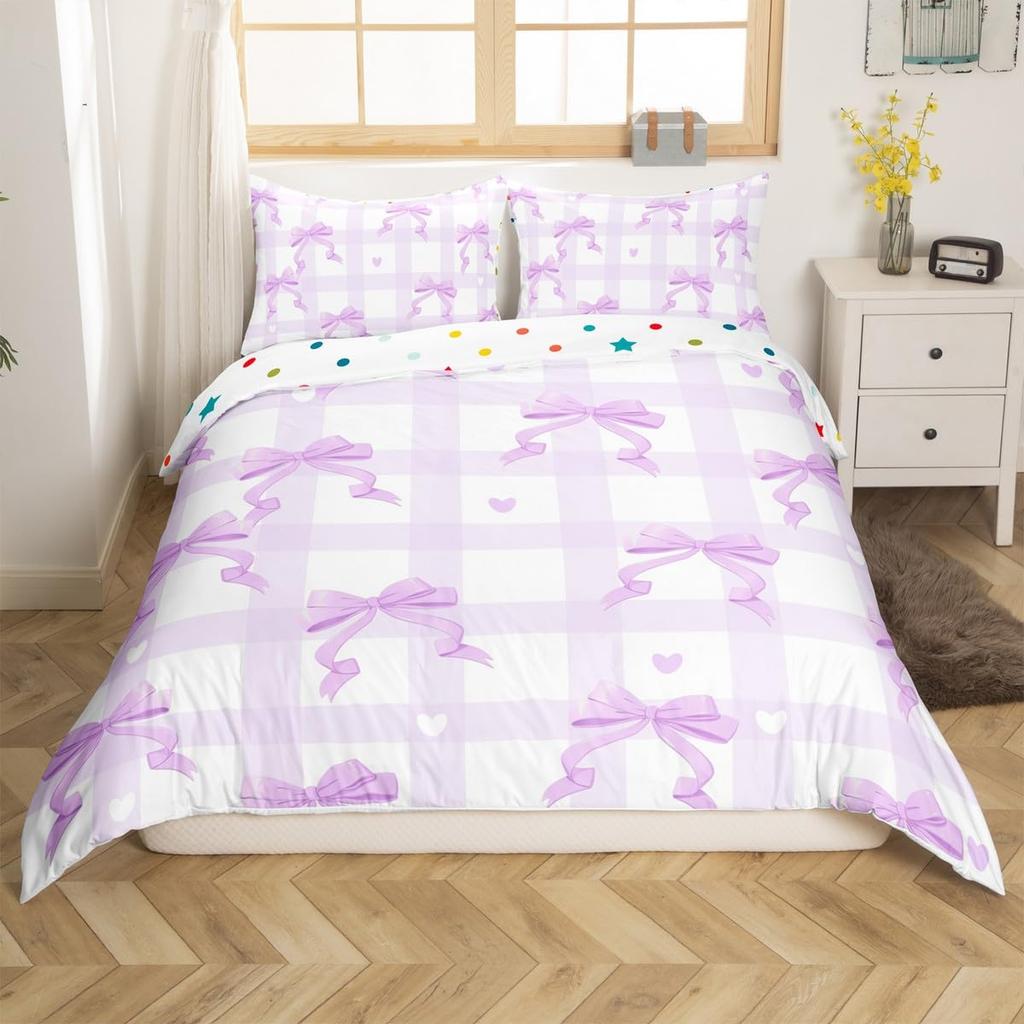 Cute Kawaii Bowknot Kids Duvet Cover Geometric Plaid Butterfly Knot Quilt Cover For Girls Teen Women Adults 3 Pcs No Quilt