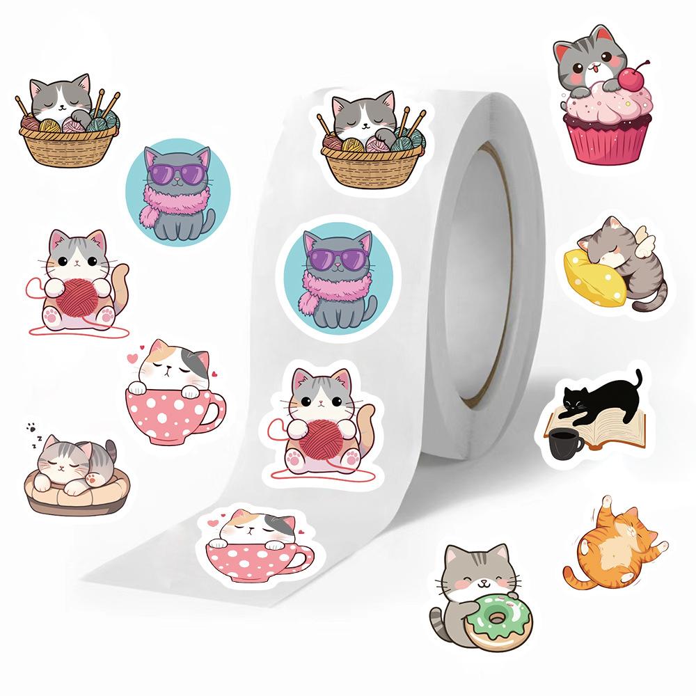 500 Pictures/roll Roll Sticker Tape Cartoon Cat Sticker Hand Account Material Decorative Envelope Seal Sticker