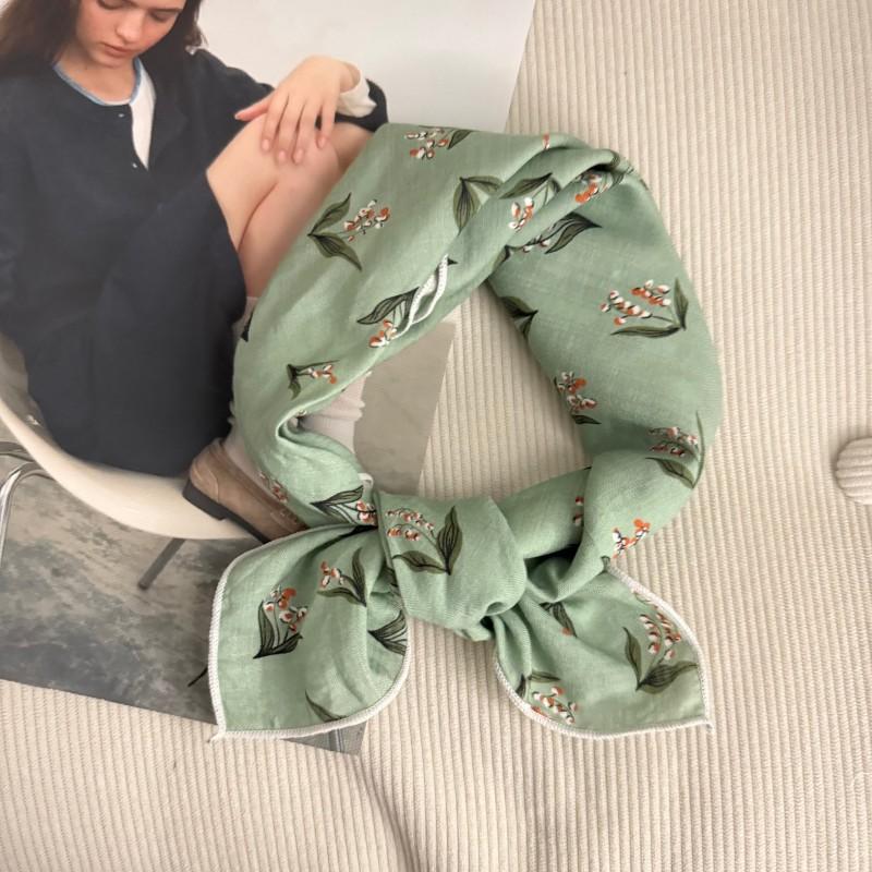 Premium 90Cm Floral Large Square Scarf Cotton And Linen Silk Scarf Women'S Headscarf Thin Scarf Sun Protection Shawl Outer Yarn