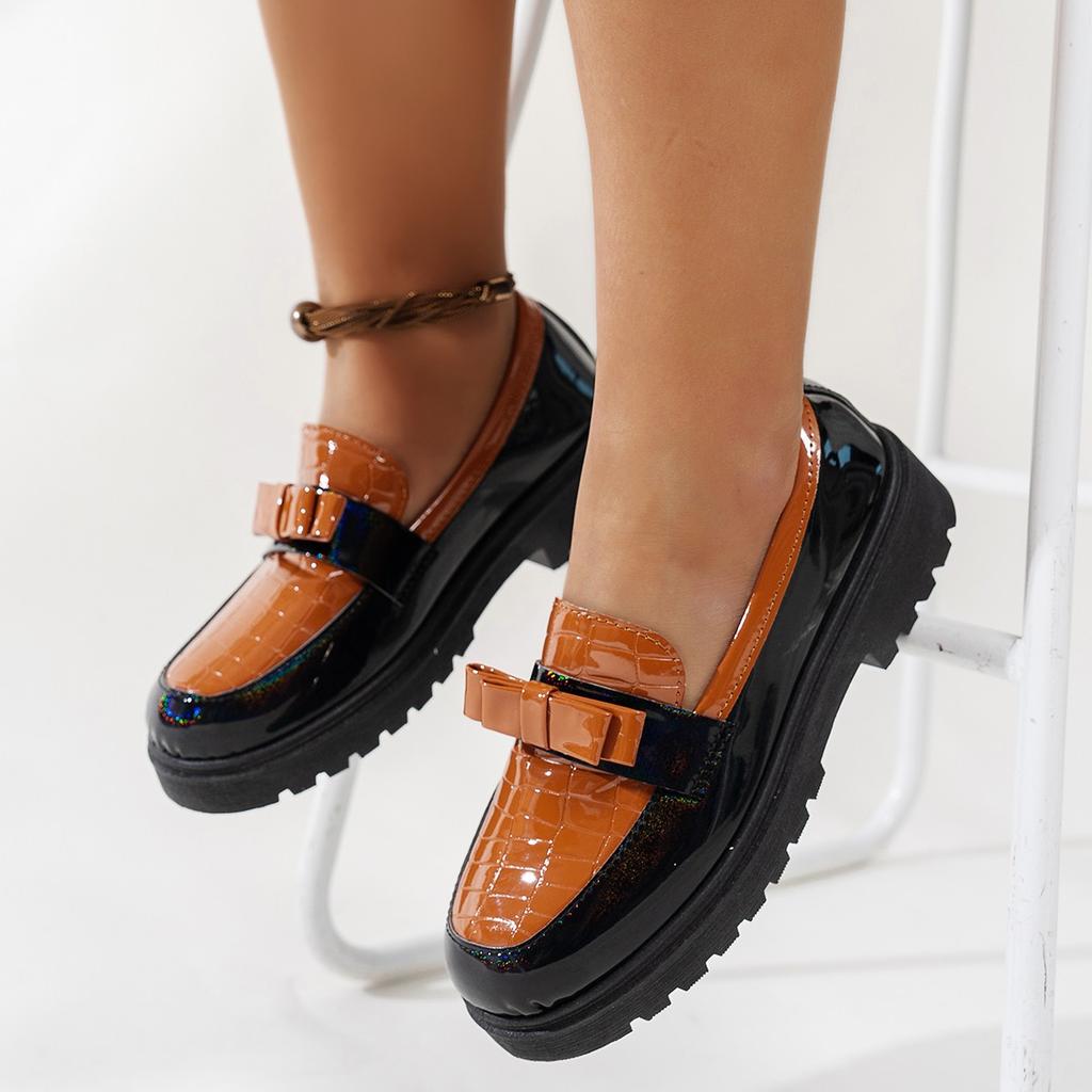 2025 новые лакированные кожаные глянцевые туфли-лоферы с бантом в стиле ретро большого размера, модные повседневные туфли на среднем каблуке