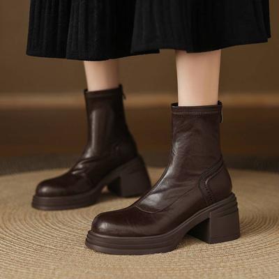Осенне-зимние резиновые нескользящие ботинки Мартина на толстой подошве, однотонные, с круглым носком, большого размера, кожаные ботинки, задняя молния, удобный средний каблук