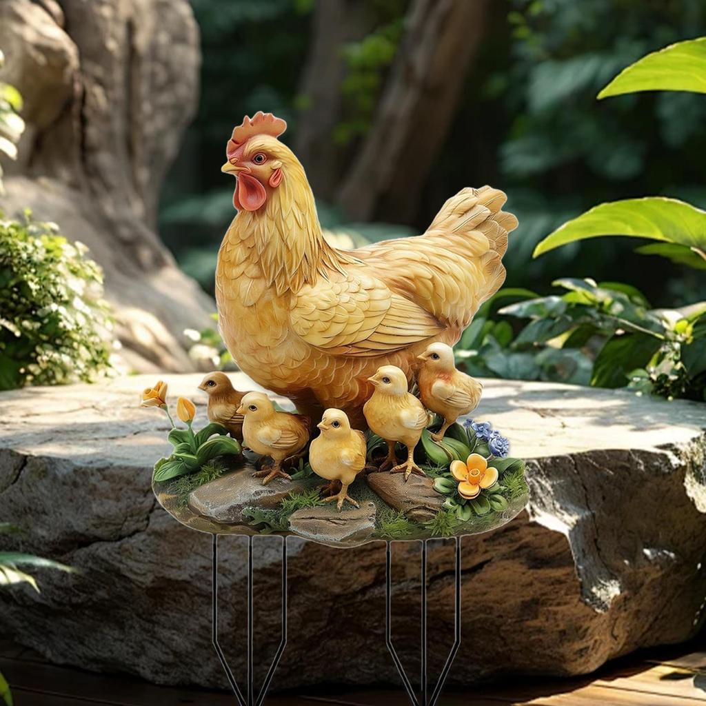 Garden Hen and Chicks Stake Yard Sign Ornament 2D Decorative Accessories for Walkway