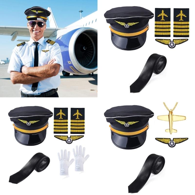 Airline Captain Costume Adult Pilot Cosplay Accessory Uniform Epaulette Hat Neck Tie Flight Attendant Role Play Outfit