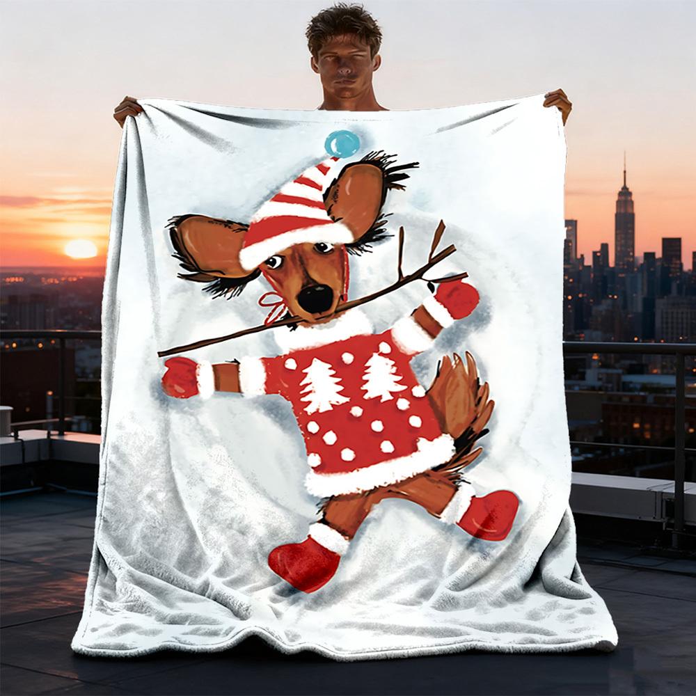 1pc Christmas dog Outdoor Flannel Blanket Soft All Season Polyester Throw , Perfect for Picnics & Travel , Picnic Accessory