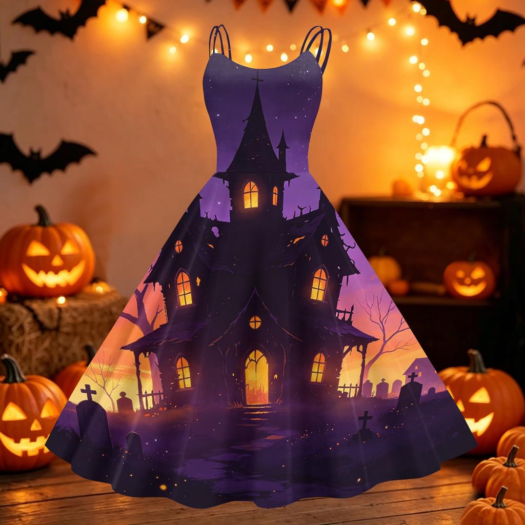 Women's Halloween Pumpkin Print Spaghetti Strap Dress Tie Dye Pattern Sleeveless Vintage Punk Style Midi Dress for Party