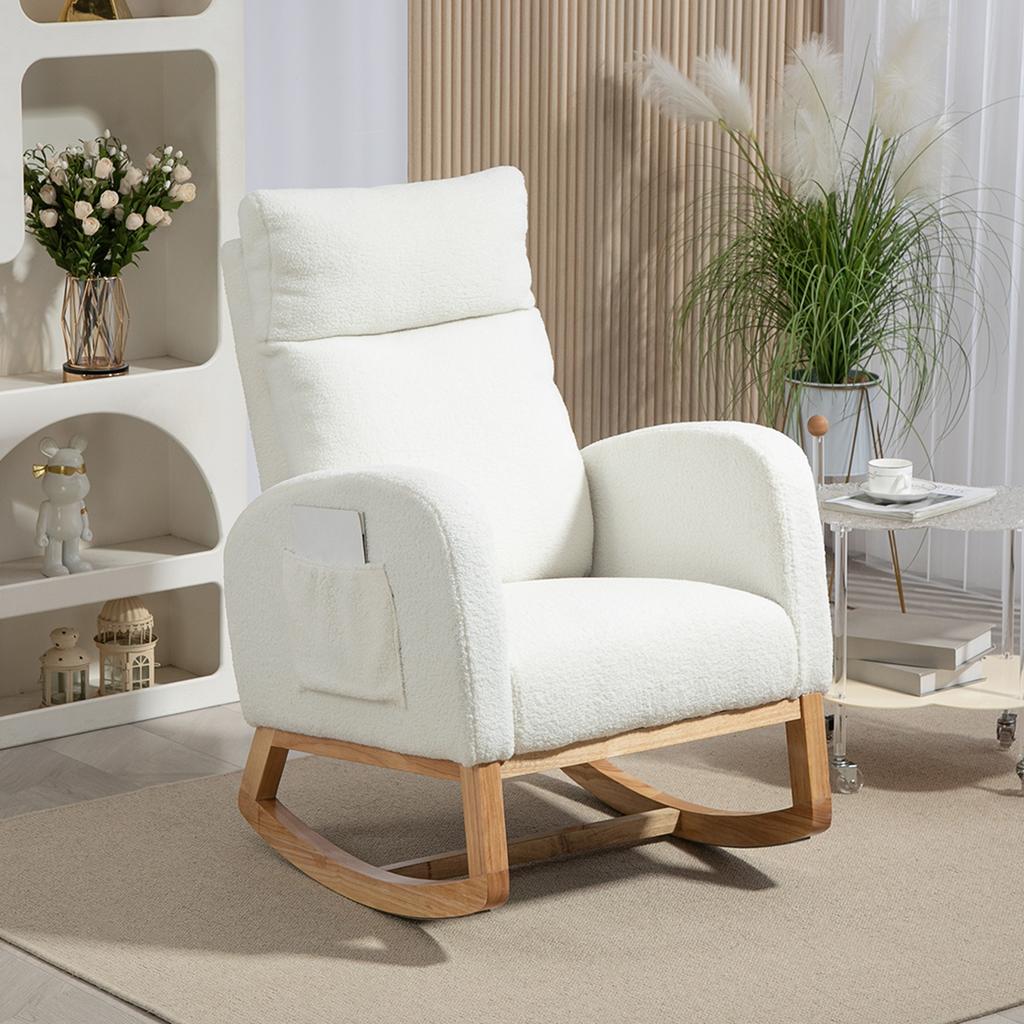 Rocking Chair Relaxation Chair Thick Cushioning Cozy Cover Wooden Frame Up To 120 Kg Load Capacity Cream White