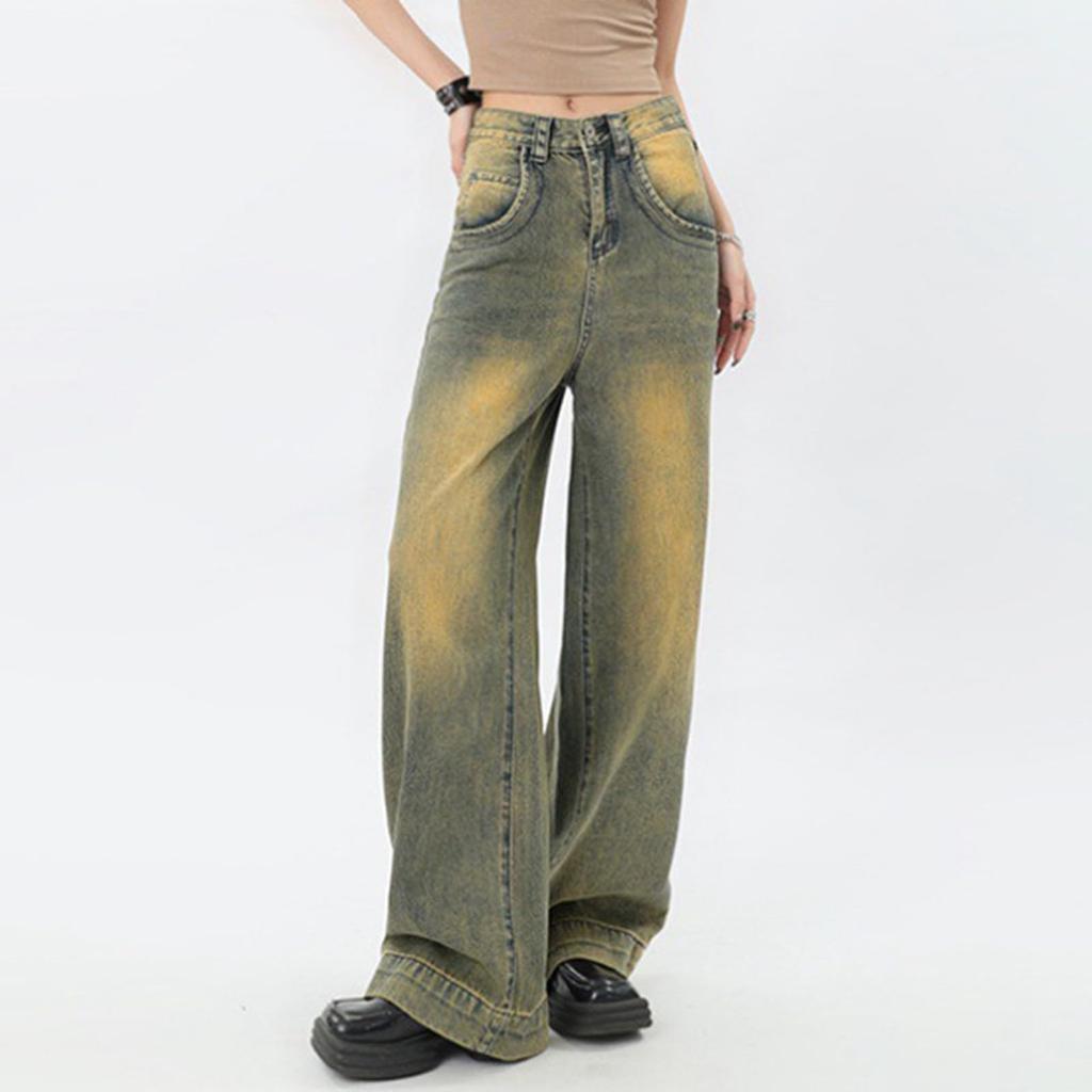 American Retro Distressed Yellow Mud Wide-leg Jeans For Women Fall New High Waist Loose Personality High Street Straight Pants